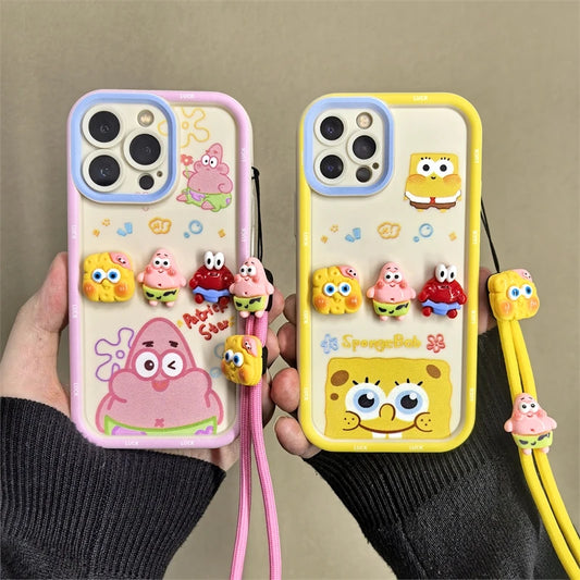 For iPhone 16 promax 15 14 13 Plus 12 Pro Max 11 16e Phone Case Cute Cartoon SpongeBob Patrick Star Cases Wristband Strap Cover