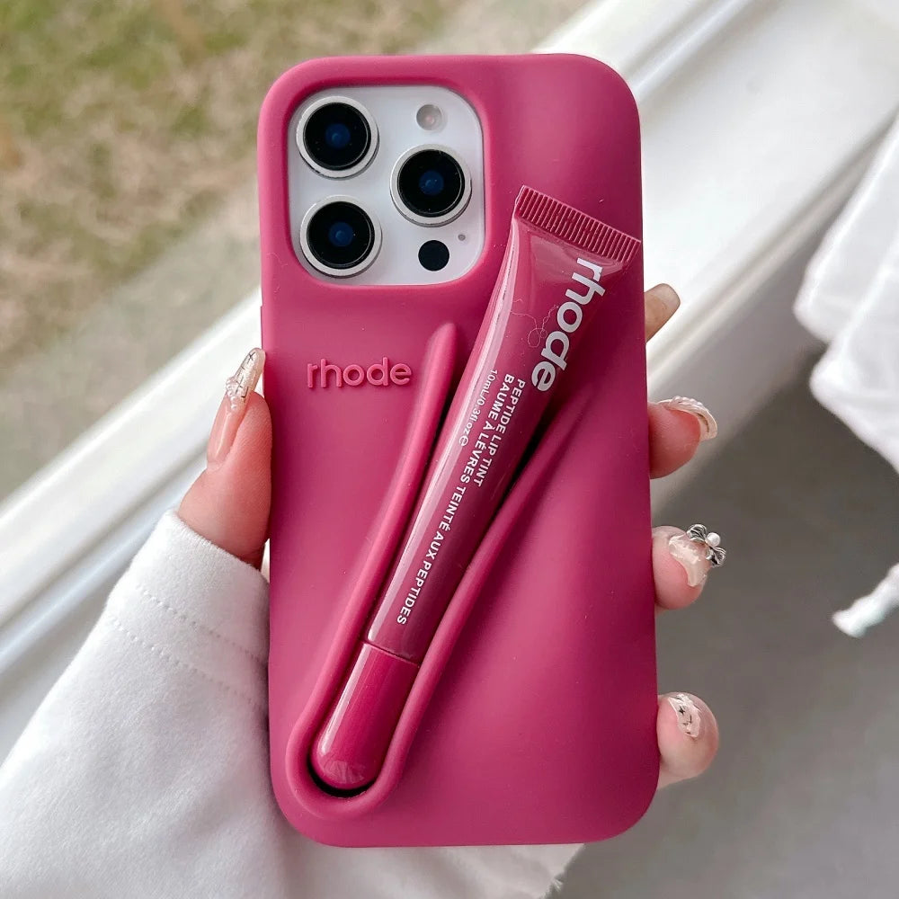 Rhode Case For iPhone 12 13 14 15 16 Pro Max Plus 17 Air Portable Lip Gloss Holder Lipstick Silicone Soft Bumper Cover Lip Glaze