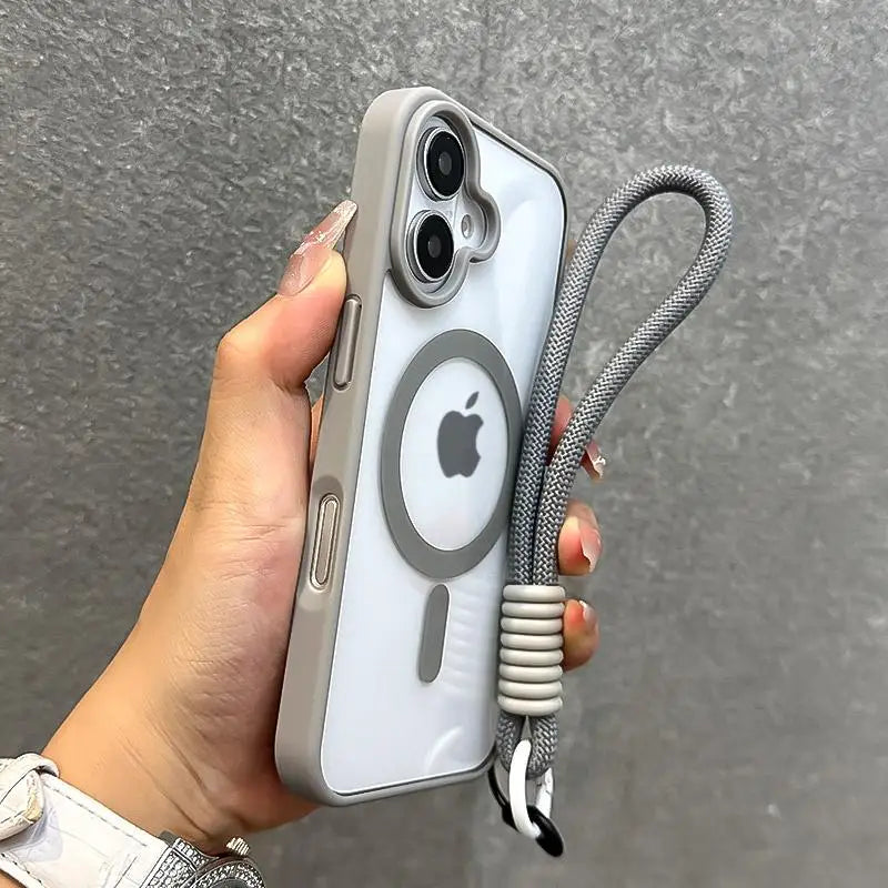 Luxury With Lanyard Clear For Magsafe Phone Case For iPhone 14 11 12 13 15 16 Pro Max Shockproof Armour Wrist Strap Back Cover
