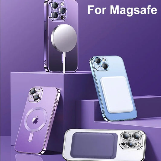 Luxury Plating For Magsafe Magnetic Case For iPhone 16 15 14 13 12 11 Pro Max Plus Wireless Charging Cover With Lens Protector