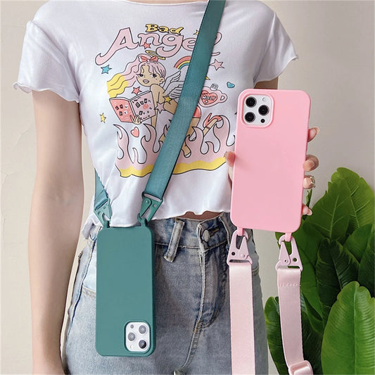 Crossbody Necklace Strap Lanyard Matte Silicone Case For iPhone 17 16 15 14 Pro Max 11 12 13 XR X XS 8 Plus SE Shockproof Cover