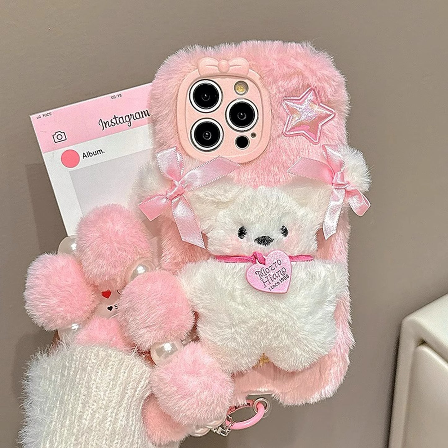 Pink Plush 3D Doll Case with Chain Cute Cell Phone Accessories For iPhone 16 15 14 13 12 11 Pro Max