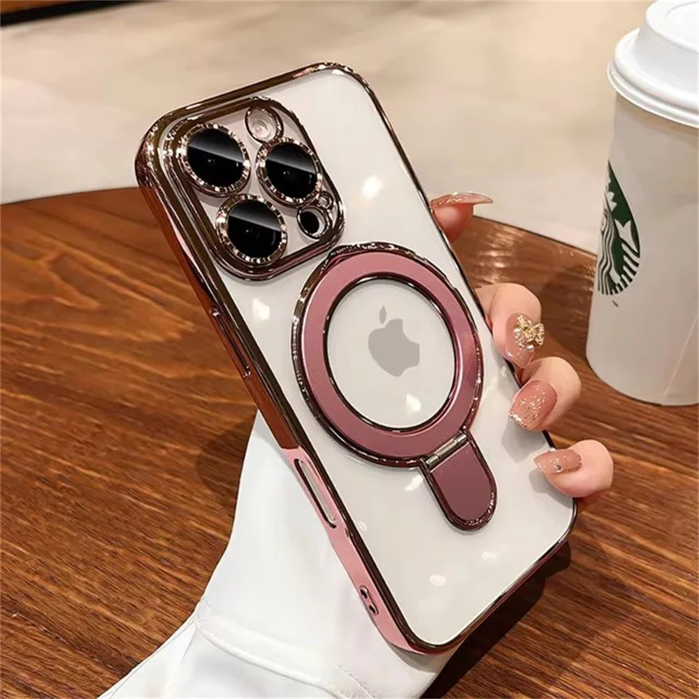 Luxury For Magsafe Bracket Case For iPhone 16 15 14 13 12 11 Pro Max 16 15 Plus Magnetic Ring Stand Holder Clear Acrylic Cover