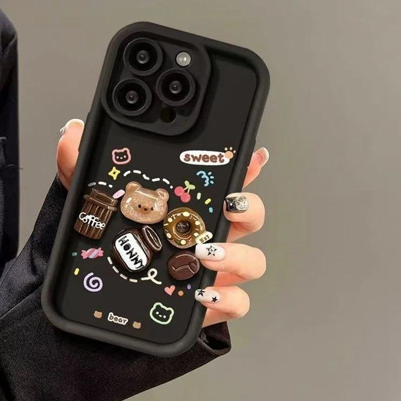 For iPhone 15 Pro Max 16 Plus 14 13 12 Mini 11 SE X XS XR 7 8 3D Bear Dolls Silicone Soft Phone Case
