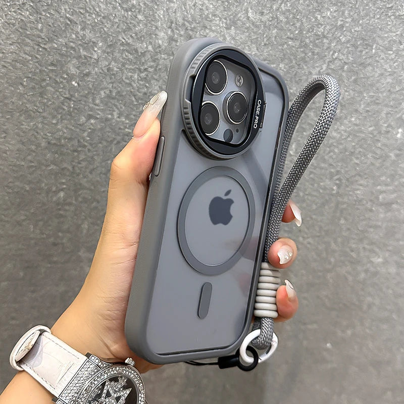 Fold Glass Lens Stand Magnetic Transparent Case For iPhone 16 15 14 13 12 11 Pro Max For Magsafe Wrist Strap Shockproof Cover