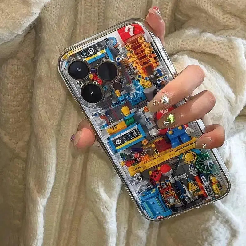 Machinery Building Block M-Marios For iPhone 16 15 14 13 12 11 Pro Max XS Max 7 8Plus Phone Case Soft Silicone Transparent Cover