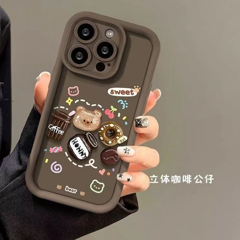 For iPhone 15 Pro Max 16 Plus 14 13 12 Mini 11 SE X XS XR 7 8 3D Bear Dolls Silicone Soft Phone Case