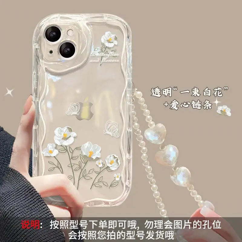 Phone Case For iPhone 16 15 Pro Max 14 11 13 12 Mini XR 8 7 Plus X XS SE 2020 2022 Back Cover Flower Bracelet Wrist Chain Strap