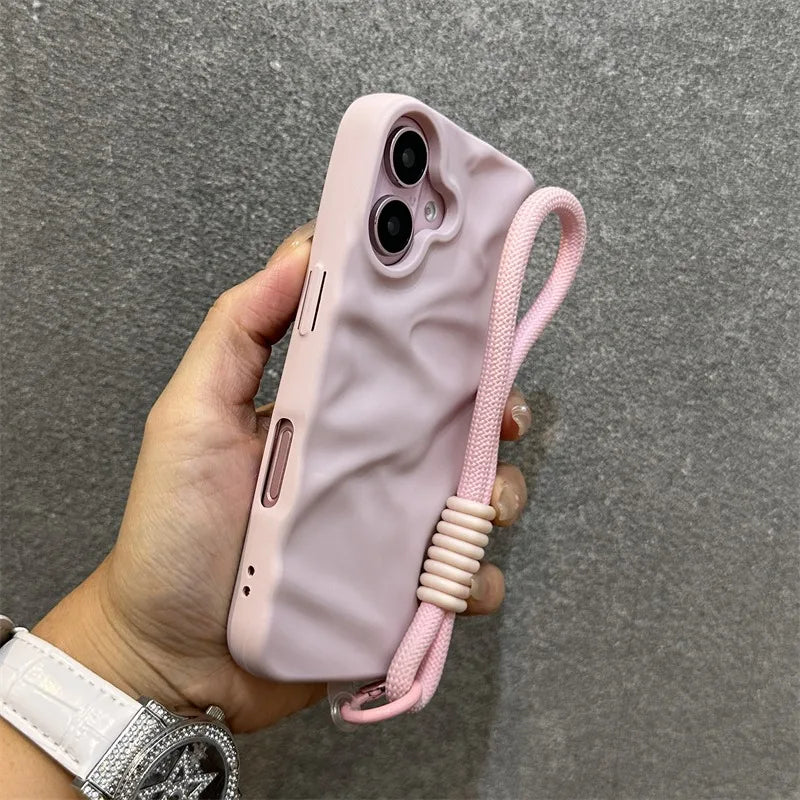 Luxury Wrinkle Matte Wrist Strap Case for iPhone 16 15 14 Pro Max 13 12 11 Lanyard Candy Solid Color Ripple Soft Silicone Cover