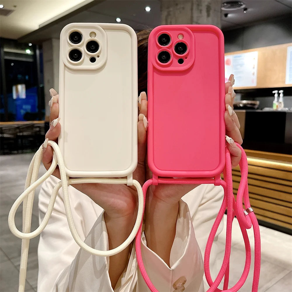 Phone Case For iPhone 14 13 15 16 Pro Max 16E 12 11 X XR XS 7 8 Plus SE 2020 Crossbody Adjustable Lanyard Strap Rope Soft Cover