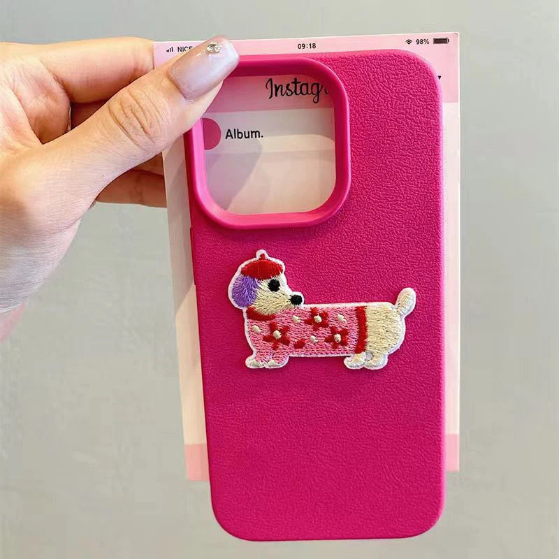 Korean Cute 3D Cartoon Embroidery Dog Phone Case For iPhone 16 15 14 13 11 12 Pro Max Plus Funny Puppy Leather Pattern Cover