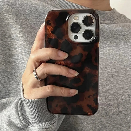 Retro Amber Texture Laser Phone Case For iPhone 16 Pro Max 15 14 13 12 11 XS X XR 7 8 Plus Stylish Leopard Print Back Soft Cover