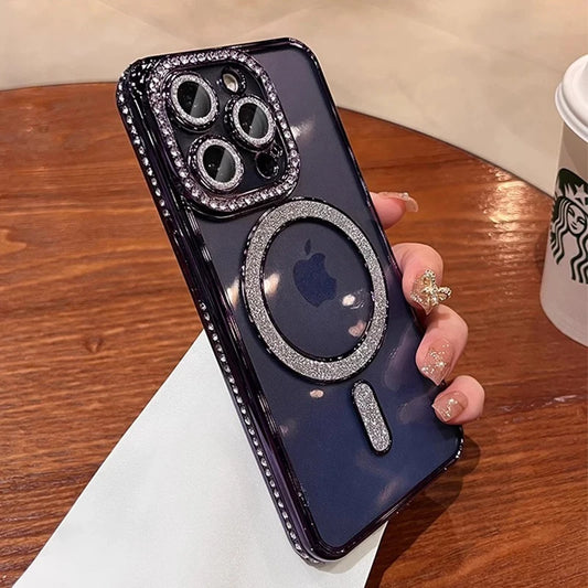 New Fashion Glitter Diamond Transparent Case For iPhone 16 15 14 13 11 12 Pro Max 16 Plus Magnetic Wireless Charge Bumper Cover