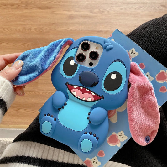 For iPhone 16 promax 15 14 Pro Max 13 12 11 Cases So Cute 3D Cartoon Stitch Phone Case Soft Silicone Fur Plush Ear Strap Cover