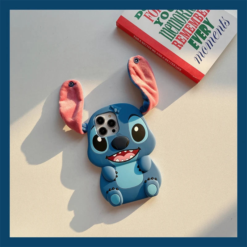 For iPhone 16 promax 15 14 Pro Max 13 12 11 Cases So Cute 3D Cartoon Stitch Phone Case Soft Silicone Fur Plush Ear Strap Cover