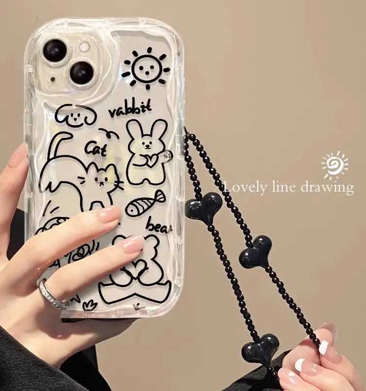 Phone Case For iPhone 16 15 Pro Max 14 11 13 12 Mini XR 8 7 Plus X XS SE 2020 2022 Back Cover Flower Bracelet Wrist Chain Strap