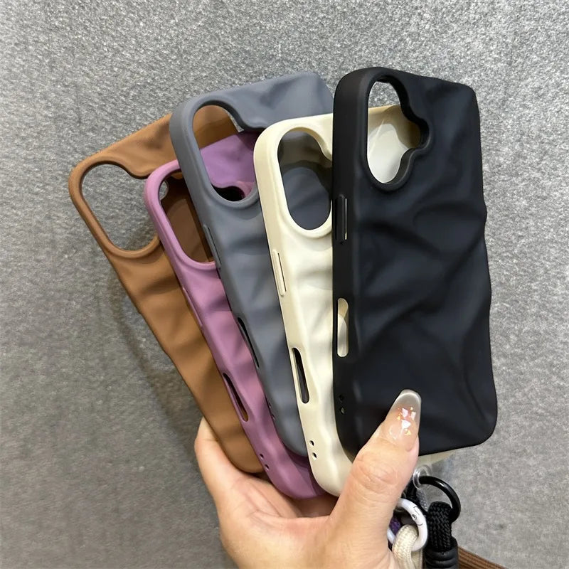 Luxury Wrinkle Matte Wrist Strap Case for iPhone 16 15 14 Pro Max 13 12 11 Lanyard Candy Solid Color Ripple Soft Silicone Cover