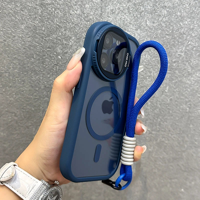 Fold Glass Lens Stand Magnetic Transparent Case For iPhone 16 15 14 13 12 11 Pro Max For Magsafe Wrist Strap Shockproof Cover