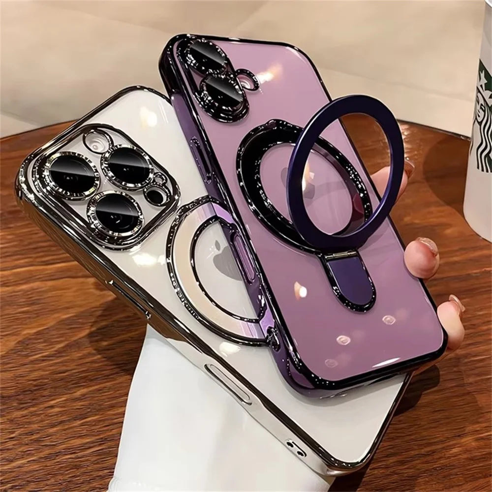 Luxury For Magsafe Bracket Case For iPhone 16 15 14 13 12 11 Pro Max 16 15 Plus Magnetic Ring Stand Holder Clear Acrylic Cover