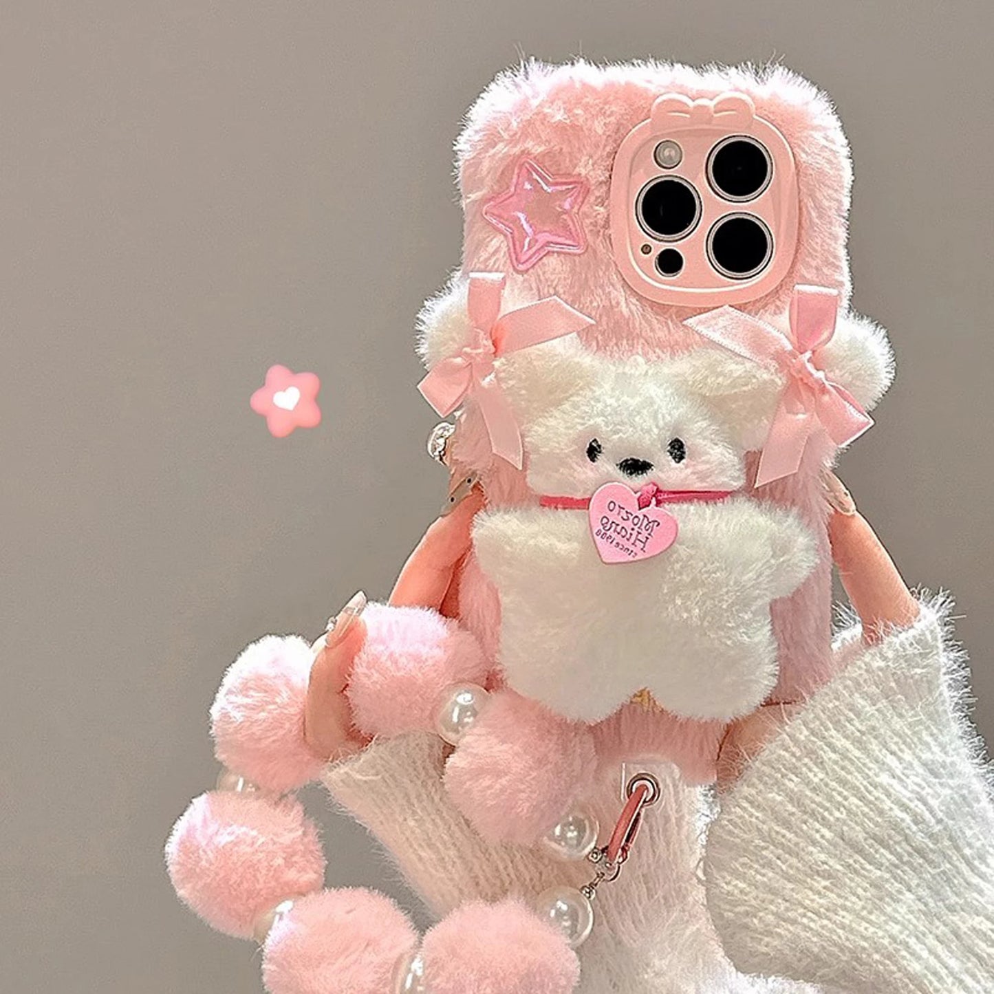 Pink Plush 3D Doll Case with Chain Cute Cell Phone Accessories For iPhone 16 15 14 13 12 11 Pro Max