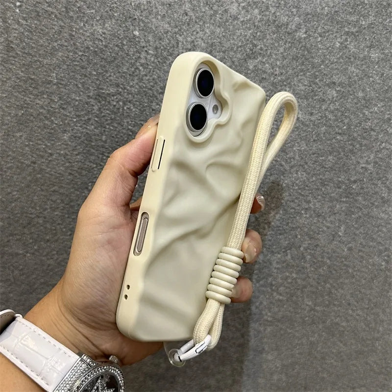 Luxury Wrinkle Matte Wrist Strap Case for iPhone 16 15 14 Pro Max 13 12 11 Lanyard Candy Solid Color Ripple Soft Silicone Cover
