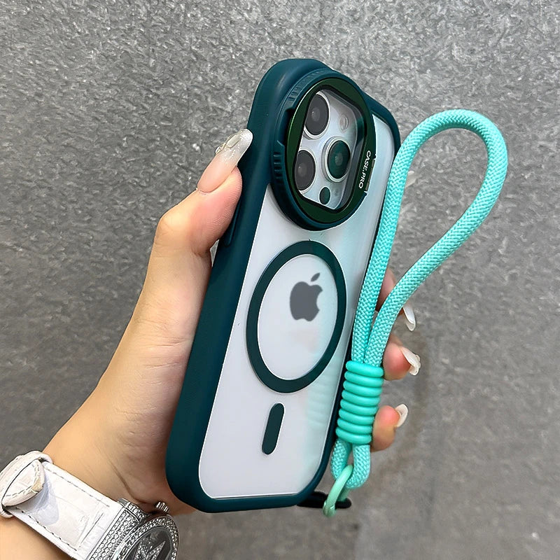 Fold Glass Lens Stand Magnetic Transparent Case For iPhone 16 15 14 13 12 11 Pro Max For Magsafe Wrist Strap Shockproof Cover