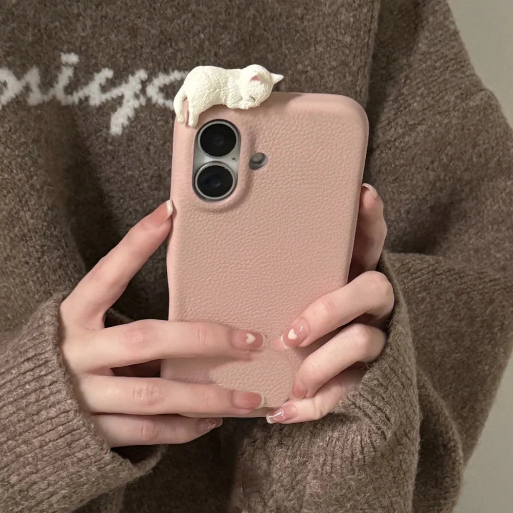 Cute 3D Cartoon Lying Cat Fish Lychee Pattern Leather Phone Case For iPhone 16 15 13 14 12 Pro Max Plus Lovely Soft Back Cover