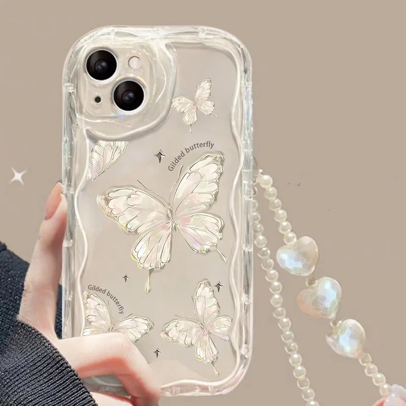 Phone Case For iPhone 16 15 Pro Max 14 11 13 12 Mini XR 8 7 Plus X XS SE 2020 2022 Back Cover Flower Bracelet Wrist Chain Strap