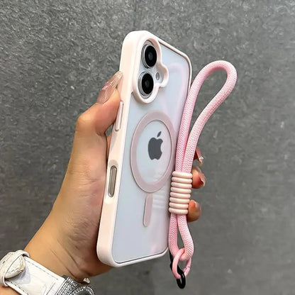 Luxury With Lanyard Clear For Magsafe Phone Case For iPhone 14 11 12 13 15 16 Pro Max Shockproof Armour Wrist Strap Back Cover