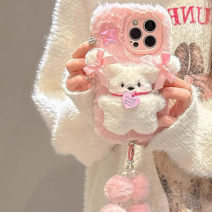 Pink Plush 3D Doll Case with Chain Cute Cell Phone Accessories For iPhone 16 15 14 13 12 11 Pro Max
