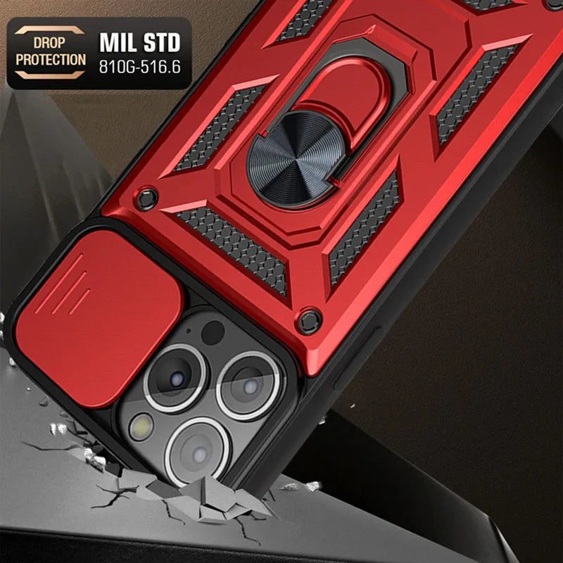 For iPhone 16 15 14 13 12 11 Pro Max Mini XS XR X Plus Military Grade Bumpers Ring Cover Slide Camera Lens Protector Armor Case