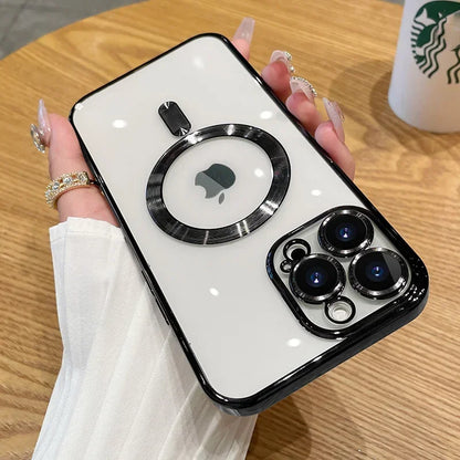 Luxury Plating For Magsafe Magnetic Case For iPhone 16 15 14 13 12 11 Pro Max Plus Wireless Charging Cover With Lens Protector
