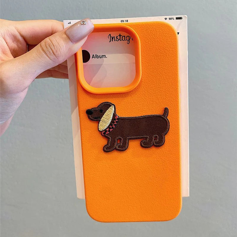 Korean Cute 3D Cartoon Embroidery Dog Phone Case For iPhone 16 15 14 13 11 12 Pro Max Plus Funny Puppy Leather Pattern Cover