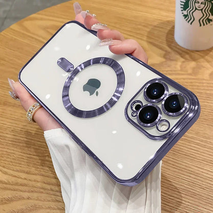 Luxury Plating For Magsafe Magnetic Case For iPhone 16 15 14 13 12 11 Pro Max Plus Wireless Charging Cover With Lens Protector
