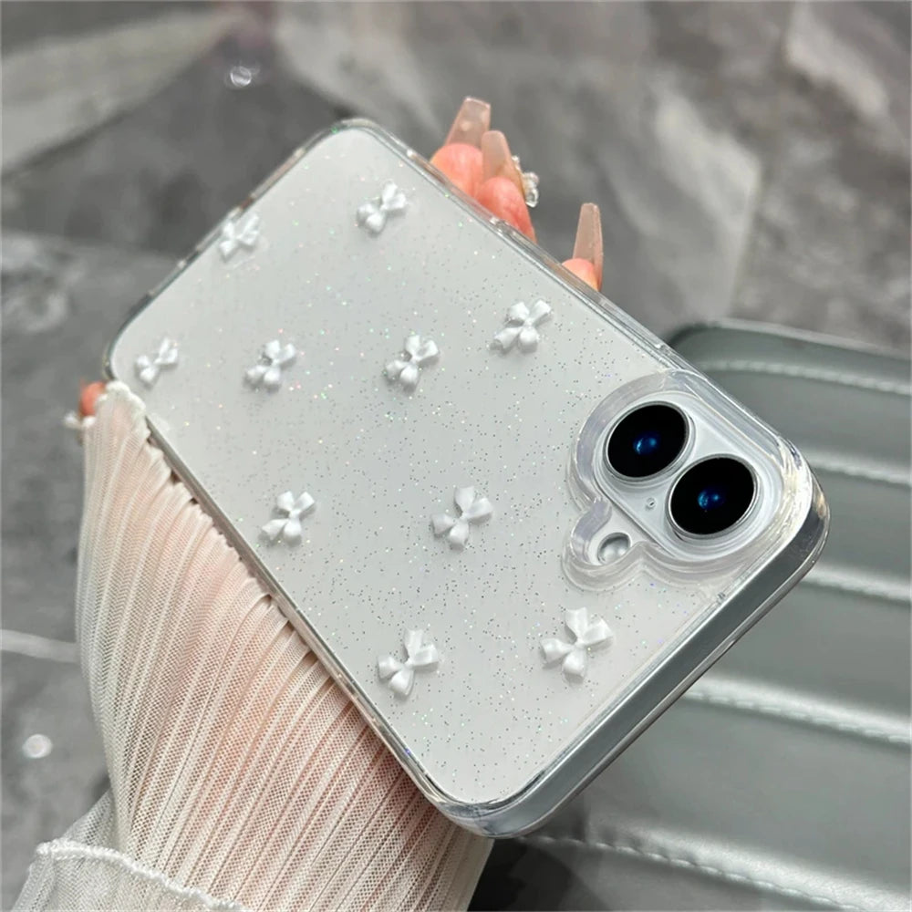 Cute 3D Bowknot Glitter Case For iPhone 16 15 13 11 Pro Max 14 Plus 12 MiNi X XS XR 7 8 SE2 2025 Korean Girl Epoxy Clear Shell