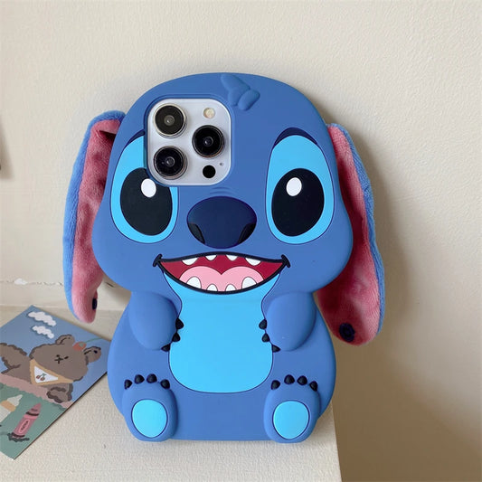 For iPhone 16 promax 15 14 Pro Max 13 12 11 Cases So Cute 3D Cartoon Stitch Phone Case Soft Silicone Fur Plush Ear Strap Cover