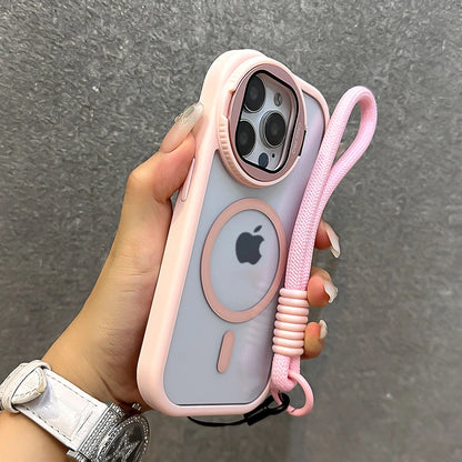 Fold Glass Lens Stand Magnetic Transparent Case For iPhone 16 15 14 13 12 11 Pro Max For Magsafe Wrist Strap Shockproof Cover