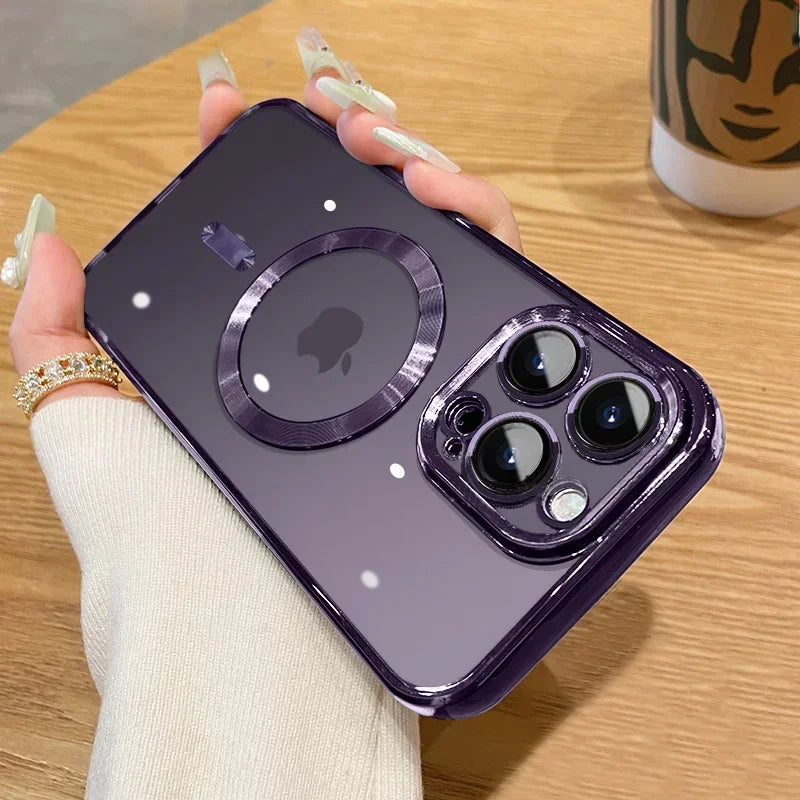 Luxury Plating For Magsafe Magnetic Case For iPhone 16 15 14 13 12 11 Pro Max Plus Wireless Charging Cover With Lens Protector