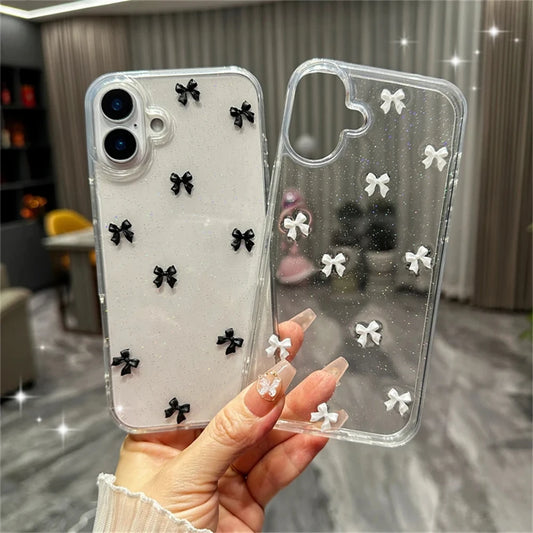 Cute 3D Bowknot Glitter Case For iPhone 16 15 13 11 Pro Max 14 Plus 12 MiNi X XS XR 7 8 SE2 2025 Korean Girl Epoxy Clear Shell