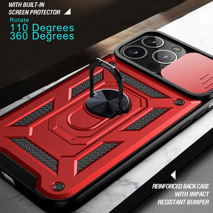 For iPhone 16 15 14 13 12 11 Pro Max Mini XS XR X Plus Military Grade Bumpers Ring Cover Slide Camera Lens Protector Armor Case