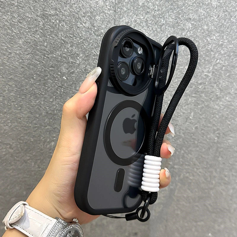 Fold Glass Lens Stand Magnetic Transparent Case For iPhone 16 15 14 13 12 11 Pro Max For Magsafe Wrist Strap Shockproof Cover