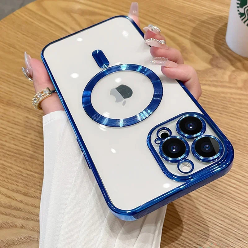 Luxury Plating For Magsafe Magnetic Case For iPhone 16 15 14 13 12 11 Pro Max Plus Wireless Charging Cover With Lens Protector