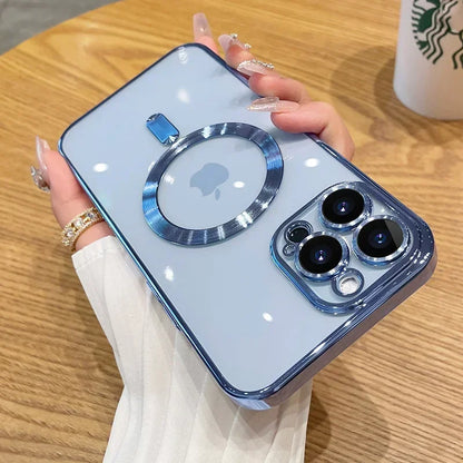 Luxury Plating For Magsafe Magnetic Case For iPhone 16 15 14 13 12 11 Pro Max Plus Wireless Charging Cover With Lens Protector