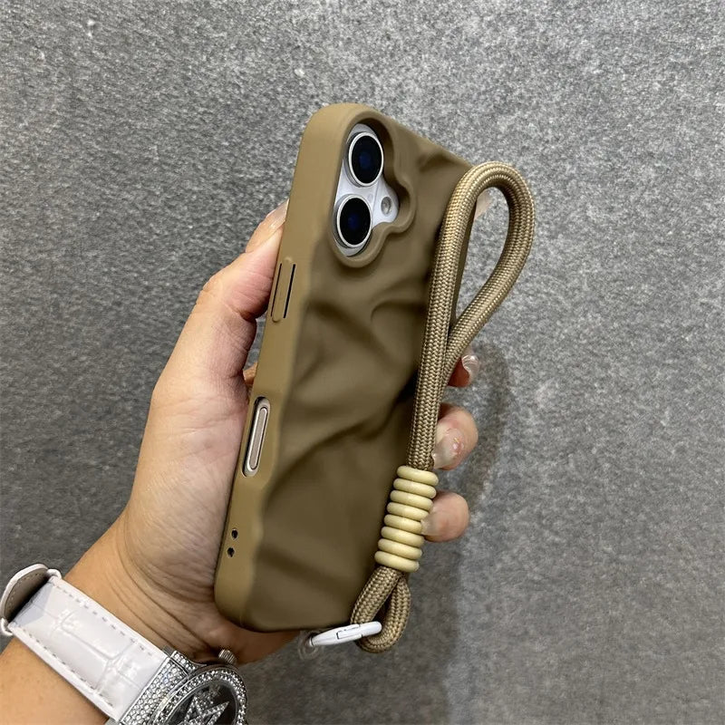 Luxury Wrinkle Matte Wrist Strap Case for iPhone 16 15 14 Pro Max 13 12 11 Lanyard Candy Solid Color Ripple Soft Silicone Cover