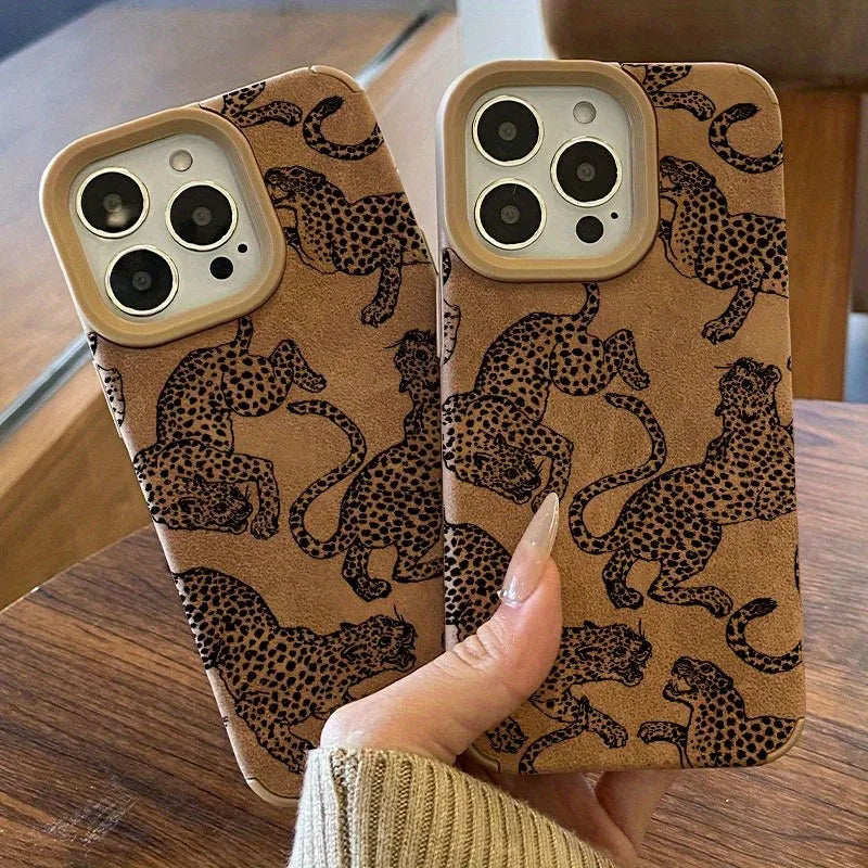Vivid Leopard Pattern Bonded Leather Phone Case For iPhone 16 15 14 Pro Max 13 12 11 XS Max XR X 16 Plus Shockproof Bumper Cover