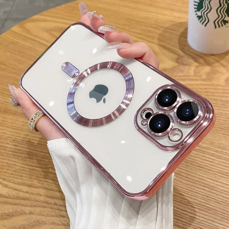 Luxury Plating For Magsafe Magnetic Case For iPhone 16 15 14 13 12 11 Pro Max Plus Wireless Charging Cover With Lens Protector