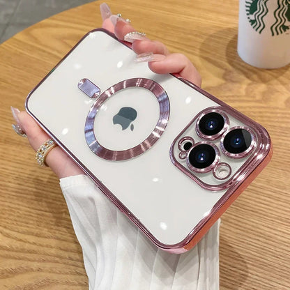 Luxury Plating For Magsafe Magnetic Case For iPhone 16 15 14 13 12 11 Pro Max Plus Wireless Charging Cover With Lens Protector