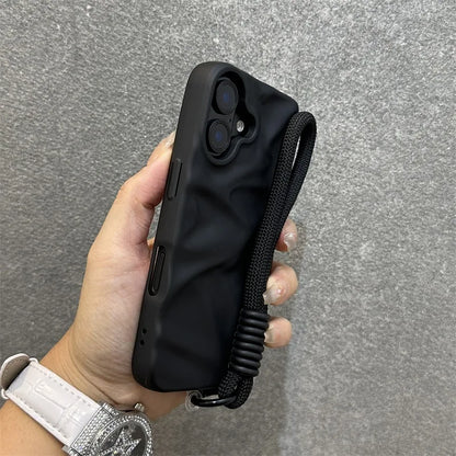 Luxury Wrinkle Matte Wrist Strap Case for iPhone 16 15 14 Pro Max 13 12 11 Lanyard Candy Solid Color Ripple Soft Silicone Cover