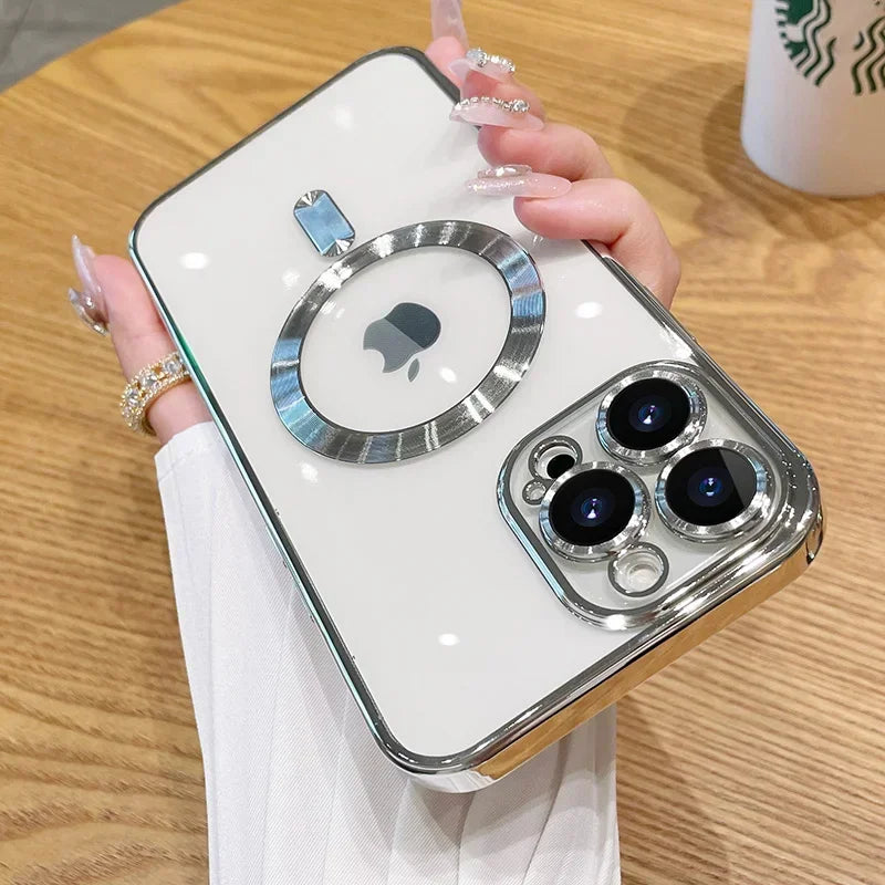 Luxury Plating For Magsafe Magnetic Case For iPhone 16 15 14 13 12 11 Pro Max Plus Wireless Charging Cover With Lens Protector