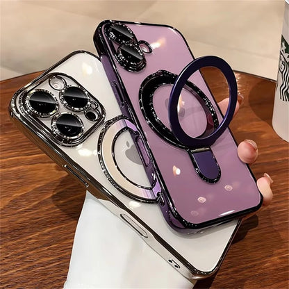 Luxury For Magsafe Bracket Case For iPhone 16 15 14 13 12 11 Pro Max 16 15 Plus Magnetic Ring Stand Holder Clear Acrylic Cover